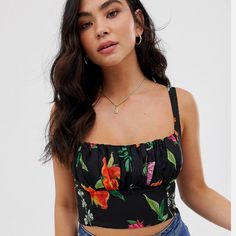 This Is An Asos Floral Print Crop Top In Size M. Zips Up On Side. Elastic In Back. Never Worn - Like New! Measurements Pit To Pit = 16 Inches Total Length (From Top Of Strap To Bottom Of Shirt) = 15.5 Inches Chic Black Floral Print Tank Top, Black Floral Print Tank Top For Vacation, Black Floral Print Sleeveless Crop Top, Black Floral Print Tank Top For Summer, Black Floral Print Tank Top For Beach, Black Floral Print Tank Top For The Beach, Black Printed Cropped Top, Black Printed Cropped Crop Top, Black Printed Crop Top For Spring