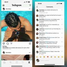 two screenshots of men in swim suits, one showing the same person on his phone