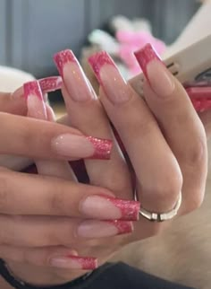 Pink French Tip Nails, Pink French Tip, August Nails, Pink Glitter Nails, Glittery Nails, Back To School Nails, French Tip Acrylic Nails