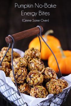 pumpkin no - bake energy bites in a wire basket