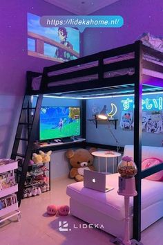 a bedroom with bunk beds and purple lighting in the ceiling is furnished with video game memorabilia