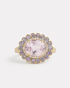 18K Yellow Gold Tanzanite and Diamond Edged Kunzite Oval Ring, .14 TCWOrnament is 3/4 Inch x 1/2 Inch Style# YRSSOKTW Pink Diamonds Engagement, Kunzite Ring, Big Engagement Rings, Wolf Ring, The Bling Ring, Future Engagement Rings, Tanzanite Diamond Ring, Wolf Jewelry, Tanzanite Stone