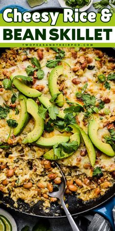 This one skillet cheesy rice and beans recipe makes a great quick and easy weeknight meal! It's flavorful, filling, and so delicious. Serve tortilla chips on the side! Bean Tortillas, Queso Recipes, Beans Recipes, Salsa Verde Chicken