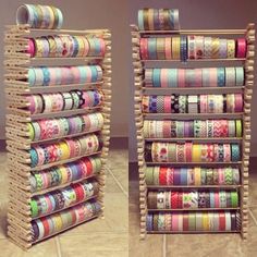 two stacks of washi tapes are stacked on top of each other in front of a wall