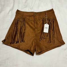 Perfect For Nashville! Suede Like Material. Brown Bottoms For Spring Festival, Trendy Brown Shorts, Brown Bottoms For Festival, Trendy Brown Short Bottoms, Trendy Short Brown Bottoms, White Nike Pros, Stitch Shorts, Victoria Secret Jeans, Fringe Shorts