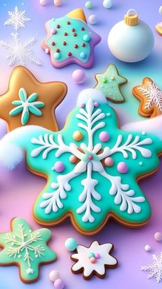 there are many decorated cookies on the table with snowflakes and ornaments around them