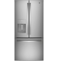 a stainless steel refrigerator freezer with the door open and water dispenser