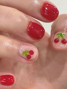 Korean Nail Designs, Cherry Nail Art, Korean Nail, Beachy Nails, Watermelon Nails, Hello Nails, Cherry Nails, Simple Gel Nails, Her Nails