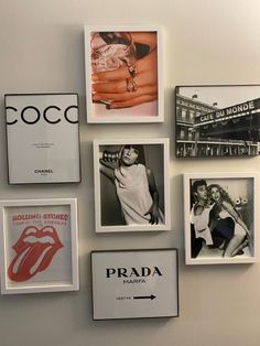 a wall that has pictures on it with the words coco and other items hanging above them