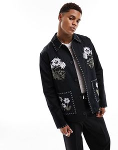 ASOS DESIGN embroidered worker jacket in black | ASOS Mens Embroidered Jacket, Floral Embroidered Long Sleeve Workwear Outerwear, Floral Embroidery Long Sleeve Workwear Outerwear, Floral Embroidery Long Sleeve Outerwear For Work, Black Long Sleeve Outerwear With Floral Embroidery, Spring Black Cotton Blazer, Embroidered Relaxed Fit Outerwear For Fall, Collared Cotton Outerwear With Embroidery, Collared Embroidered Cotton Outerwear