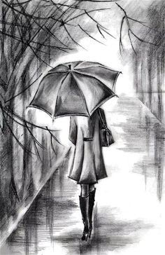 a pencil drawing of a woman walking down the street with an umbrella in her hand