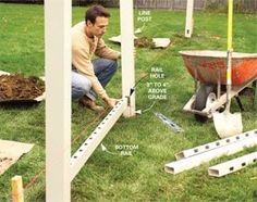 a man kneeling down next to a wheelbarrow in the grass with parts labeled