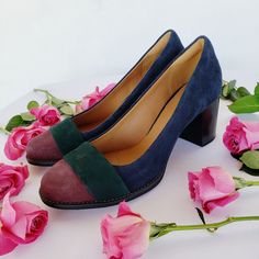 A Chic Suede Mixed-Media Design Adds Polish And Texture To A Versatile Workweek Dressed-Up Look. Color: Dark Navy, Forest Green, & Burgundy. Approx. 2.5” Heel. **Cushion Plus Padding With An Ortholite Footbed For Added Comfort** Suede Leather Upper; Balance Manmade. *New. Original Box* Natural Leather Color Variations. Some Scuffs From In-Store Storage, See Pic. The Perfect Match To A Power Suit, Skirt, Or Little Black Dress. Have Your Meeting Standing Up, These Are Comfortable! Elegant Blue Heels For Fall, Blue Strappy Heels, Satin Wedding Shoes, Purple Pumps, Ferragamo Pumps, Black And White Heels, Blue Suede Heels, Leopard Print Shoes, Christian Louboutin So Kate