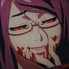 an anime character with red eyes and blood on her face is staring at the camera