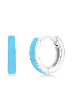 Easy-to-wear hoop earrings will add significant polish to even your most casual ensembles. Snap-post closure Sterling silver/enamel Imported Silver Hoop Enamel Jewelry, Silver Enamel Hoop Jewelry, Blue Enamel Hoop Earrings For Gift, Modern Enamel Hoop Earrings, Modern Blue Hoop Jewelry, Blue Hypoallergenic Small Hoop Huggie Earrings, Hypoallergenic Blue Small Hoop Huggie Earrings, Blue Small Hoop Huggie Earrings, Minimalist Blue Huggie Hoop Earrings