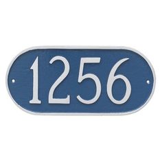 a blue and white house number sign on a white background