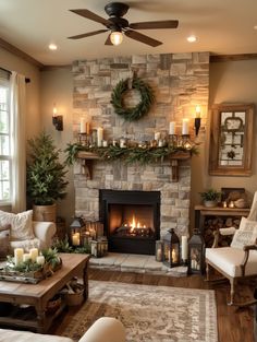 a living room filled with furniture and a fire place in the middle of it's fireplace