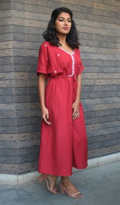 "Boho dress for women, Red linen dress, Bohemian dress, Linen maxi dress, Linen kaftan, Made to order, Custom made, Plus size -Model height: 5'3\" wearing size S -Length: 45\" neckline has sequins work inspired by motif of Mughal art and embroidery. This kind of embroidery is called maggam. **Note: Free Shipping time 15-21 days. Express Shipping time 5-7 days.**" Traditional Red Maxi Length Dresses, Traditional Embroidered Maxi Dress For Spring, Festive Red Embroidered Maxi Dress, Traditional Red Tunic Maxi Dress, Red Traditional Maxi Dress, Festive Flowy Maxi Dress, Casual Red V-neck Kaftan, Flowy Red Floor-length Dress, Red Flowy Floor-length Dress