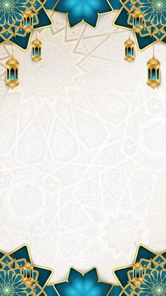 an ornate blue and gold background with two lanterns on it's sides, in the middle