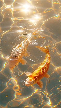 two orange and white koi fish swimming in the water with sunlight shining on them