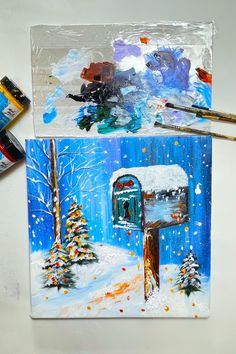 Christmas paintings on canvas of a snowy mailbox surrounded by festive trees and lights. Whimsical Christmas Paintings, Christmas Mail