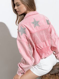 Pink Fringe Jean Jacket, Star Denim Jacket, Tassel Jacket, Pink Denim Jacket, Embellished Denim Jacket, Cowgirl Shirts, Denim Patterns, Embellished Denim, Five Pointed Star