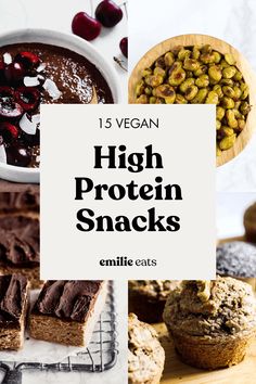 vegan high protein snacks with chocolate, cherries and nuts on the top right