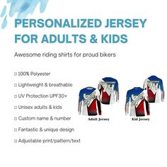 Specially designed for proud bikers. Let's wear this awesome jersey shirt and be bold. PERSONALIZED RIDING JERSEY: This super cool shirt is exactly what all bikers are looking for. Add your name/number to make it a unique one that bears your own imprints. UPF 30+ SPF PROTECTION: Be confident on your ride with this protective jersey from harmful UVA/UVB rays. UNISEX ADULTS & KIDS: Our riding jerseys are all ideal for men, women & youth bikers. Check the size chart to find your fitted size. COMFOR Customizable Long Sleeve Sports T-shirt, Motocross Jersey, Motocross Riders, Riding Shirts, Personalized Jersey, Jersey Shirt, Dirt Bike, Be Bold, Super Cool