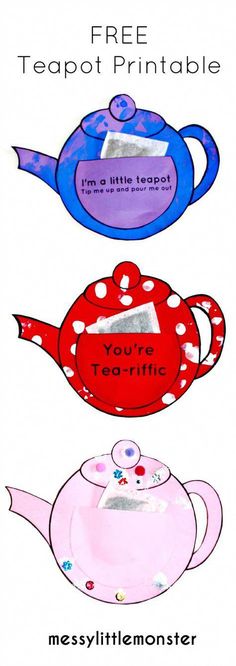 three teapots with the words free teapot printable on them, and one has