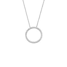 Featuring 39 round white diamonds totaling 1 carat, this 26mm (1-inch) hidden chain slide circle pendant with its simple yet timeless design will add a touch of easy elegance to your day. Created from polished 14k white gold and suspended on an 18 inch rolo chain finished with a lobster clasp. Each natural diamond is approximately 1.8mm in size, I1 in clarity and H-I in color. Diamond Circle Necklace, Sorority Jewelry, Diamond Circle Pendant, Figaro Chain Necklace, Bow Jewelry, Circle Diamond, Circle Necklace, Jewelry Companies, Love Necklace