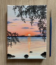 a painting of a sunset over the water