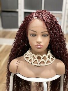 Braided wig. Curly Wig. Length Is 24inches Long.color .burgundy Lace Frontal Wig | eBay Goddess Braids Wig, Burgundy Micro Braids, Braided Twists, Wavy Hair With Braid, Burgundy Wig, Braided Wigs For Black Women, Cornrow Wig, Braids Styling, Real Wigs