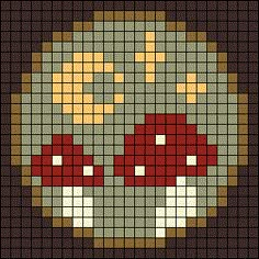 a cross stitch pattern with two red mushrooms on it's face and one green mushroom in the middle