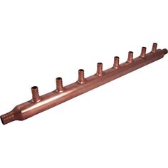 a copper colored metal pipe holder with four different sized fittings on each end and five small round holes in the middle