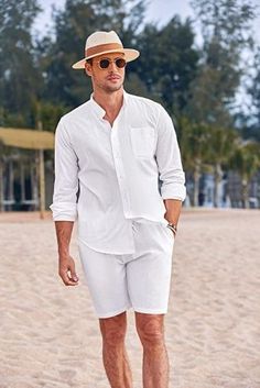 White Beach Outfit, Mens Elastic Waist Pants, Mens Linen Outfits, Mens Linen Shorts, Cocktail Outfit, White Linen Shirt