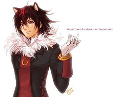 an anime character with black hair and red eyes, wearing a cat ears costume while standing in front of a white background