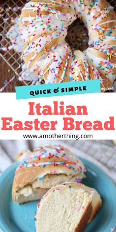 an image of bread with sprinkles on it and the words, quick & simple italian easter bread