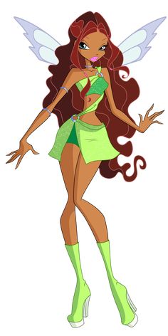 a cartoon fairy with long hair and green boots