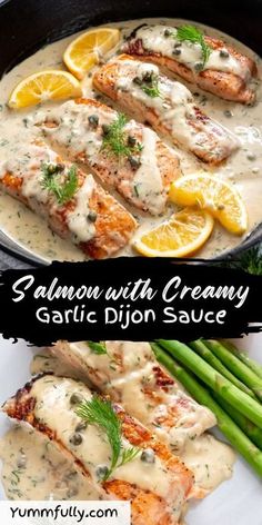 salmon with creamy garlic dijon sauce and asparagus