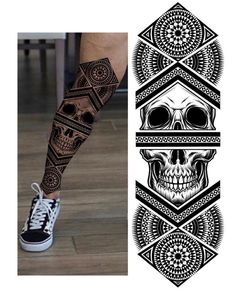 a pair of legs with tattoos on them and a skull in the middle of each leg