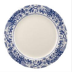 a blue and white plate on a white background