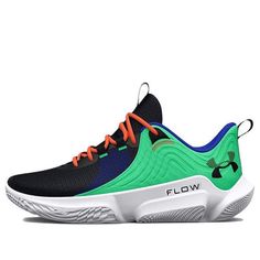 men's under armour shoes in black, green and white with orange laces