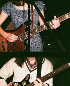 two photos of a woman playing guitar and singing into a microphone with another photo of her holding an electric guitar