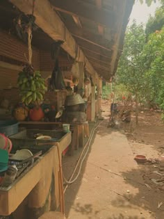 an outdoor kitchen with pots and pans on the counter, next to banana trees