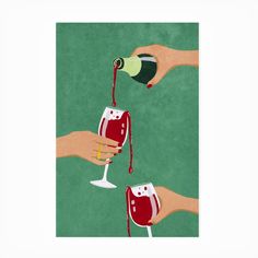 two hands holding wine glasses with red liquid being poured into them, while another hand holds a green bottle