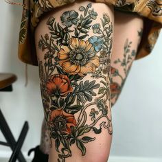 Modern Knee Tattoos Tattoo Sketches Knee To Ankle Tattoo, Color To Black And White Sleeve Tattoo, Tattoo Alternative Style, Whimsical Leg Sleeve, Garden Leg Tattoo, Floral Hip Tattoo Thigh Piece, Vine Tattoo Leg, Moth Sleeve Tattoo, Wildflower Leg Tattoo