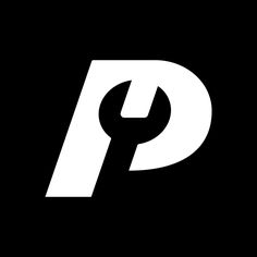 a black and white logo with the letter p in it's center, on a dark background