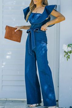 Off The Shoulder Denim Jumpsuit(presale) Chic Non-stretch Medium Wash Denim Jumpsuit, Chic Medium Wash Non-stretch Denim Jumpsuit, Summer Workwear Dark Wash Jumpsuits And Rompers, Dark Wash Jumpsuits And Rompers For Summer Workwear, Denim Style Casual, Style Upgrade, Loose Outfit, Denim Jumpsuit, The High