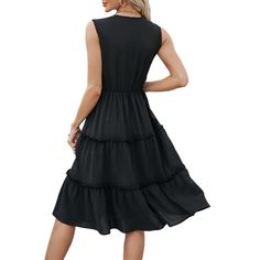 Black Lace V Neck Tiered Sleeveless Casual Dress Black Sleeveless Midi Dress With Ruffles, Black Sleeveless Midi Dress For Vacation, Black Sleeveless Knee-length Dress With Ruffles, Casual Black Sleeveless Dress, Black Sleeveless Dress With Ruffles For Vacation, Black V-neck Sundress Sleeveless, Sleeveless Black Midi Beach Dress, Sleeveless Black Midi Dress For Beach, Women Dresses Casual