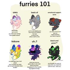 an image of some cartoon characters with different colors and names on them, including the words'furies 101 '